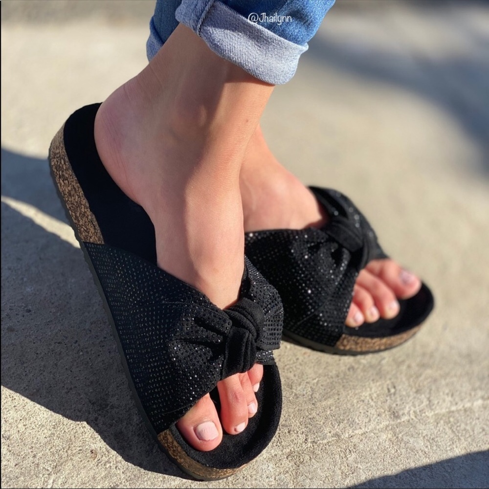 Black slip on rhinestone sandal